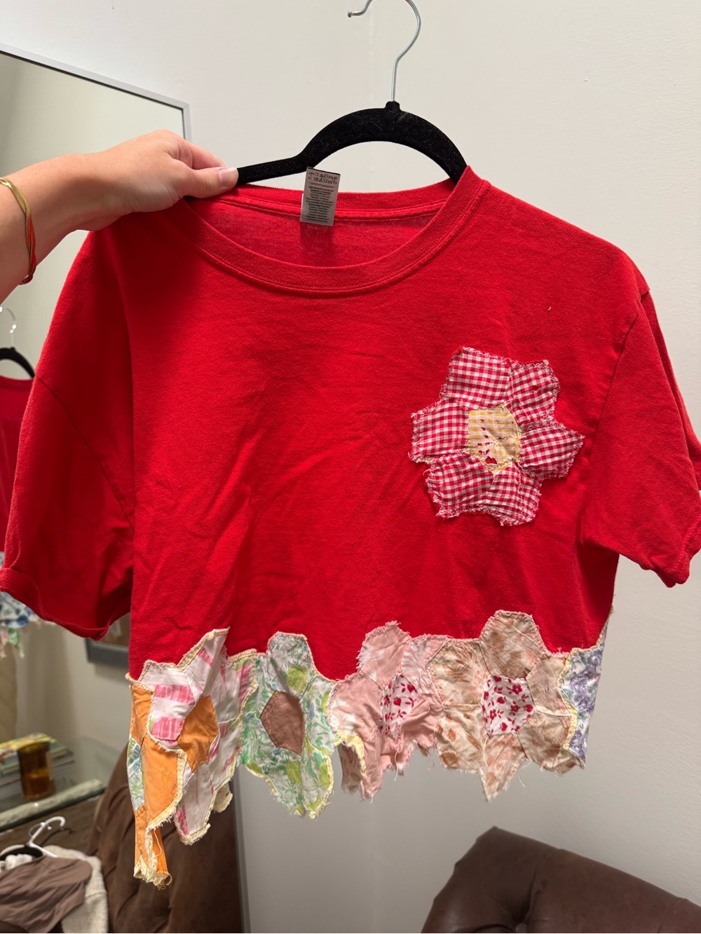 Handmade patchwork quilt trim red crop tee - reworked vintage tee
